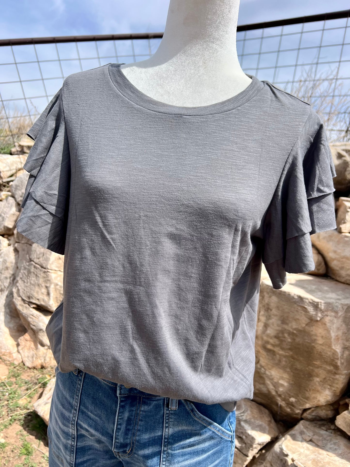 Grey Top with Ruffled Sleeves