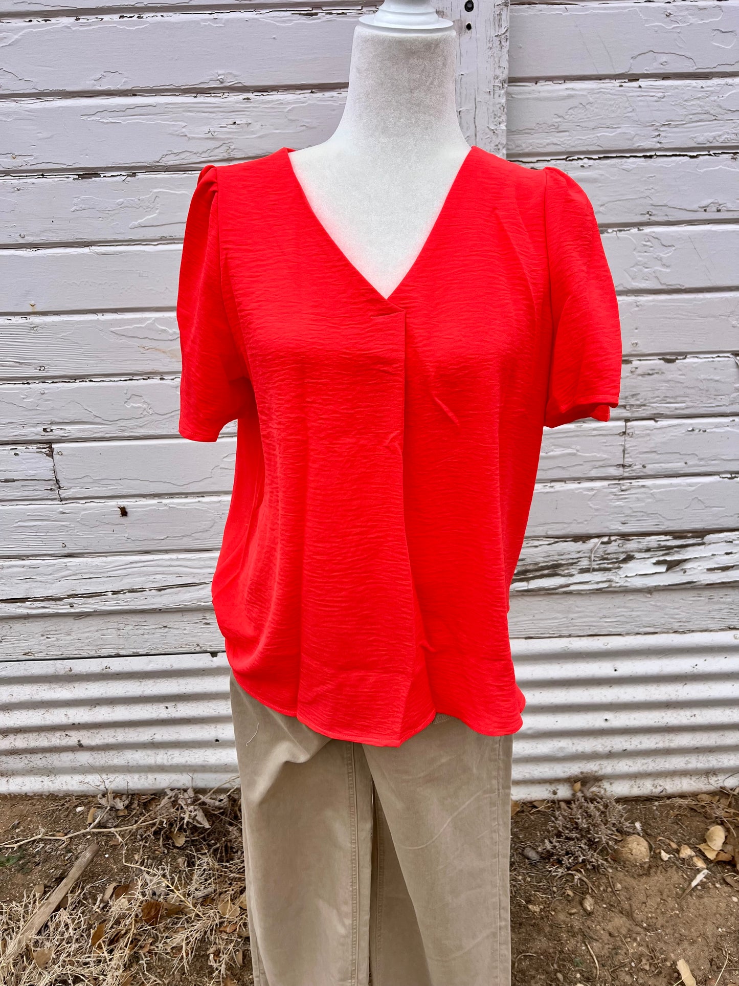 Coral Short Sleeve V Neck Blouse