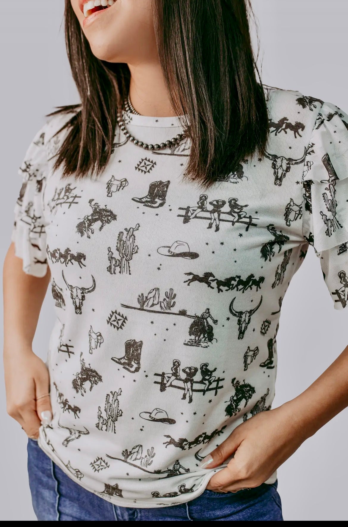 Western Darlin Top with Ruffle Sleeves