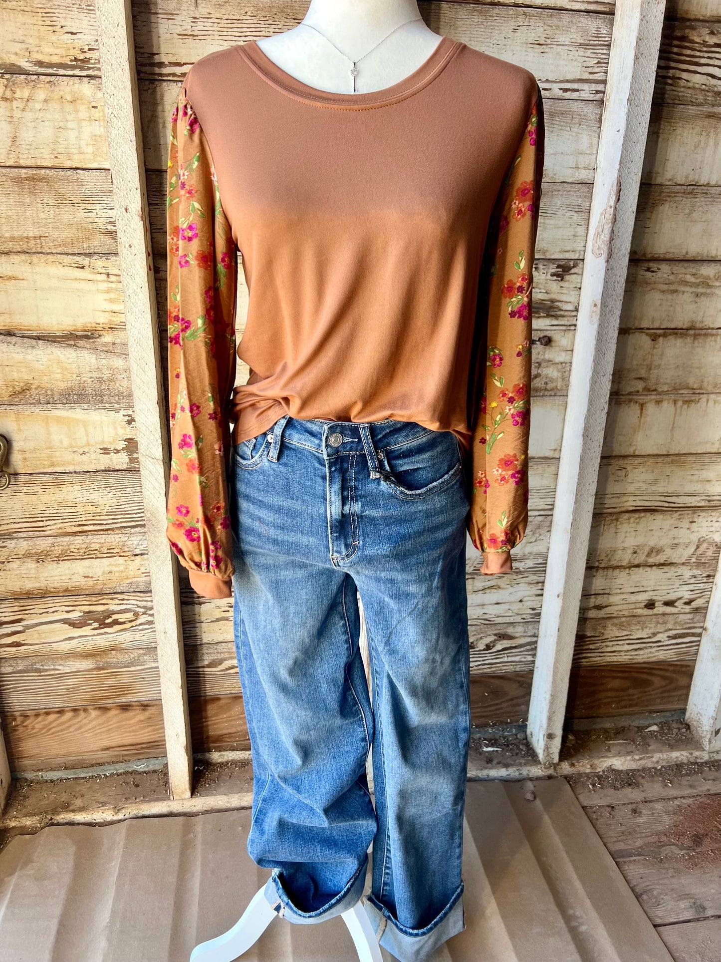 Rust Top with Flower Sleeves