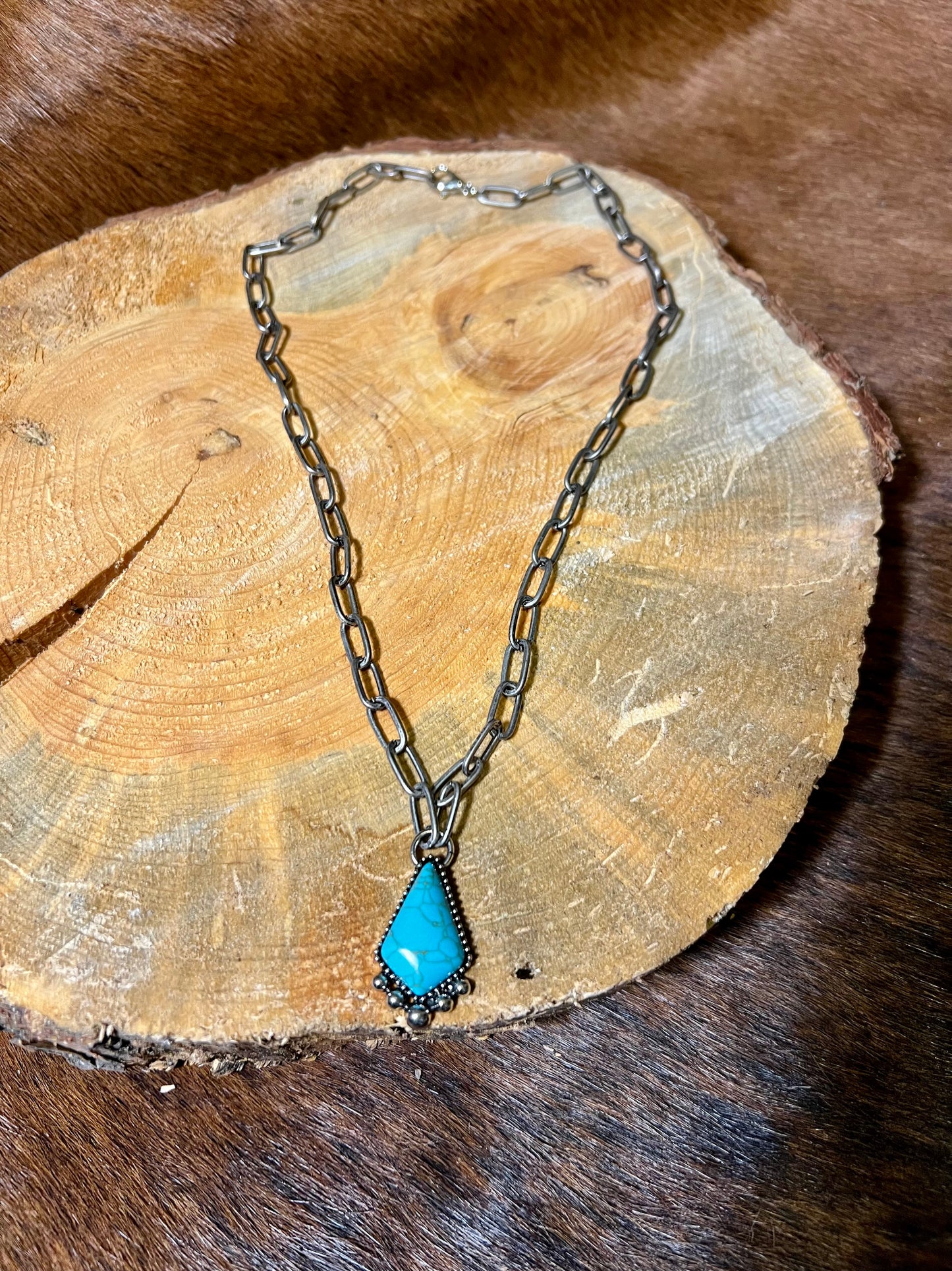Metal Chain Necklace with faux Turquoise Pendant