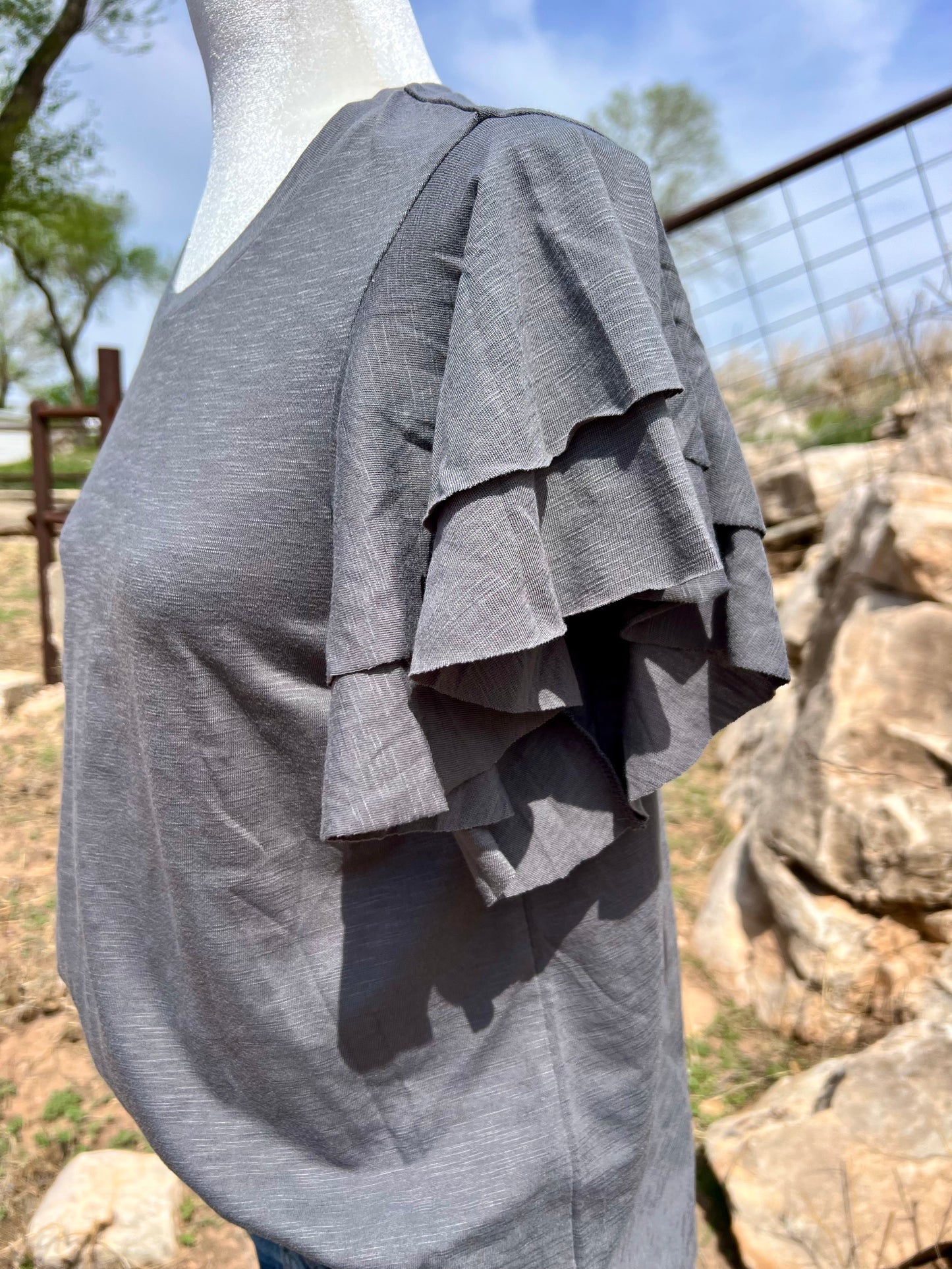 Grey Top with Ruffled Sleeves