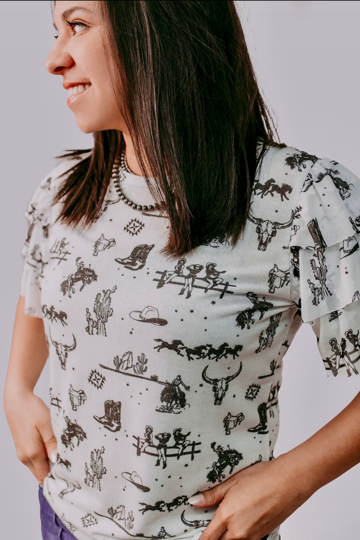 Western Darlin Top with Ruffle Sleeves