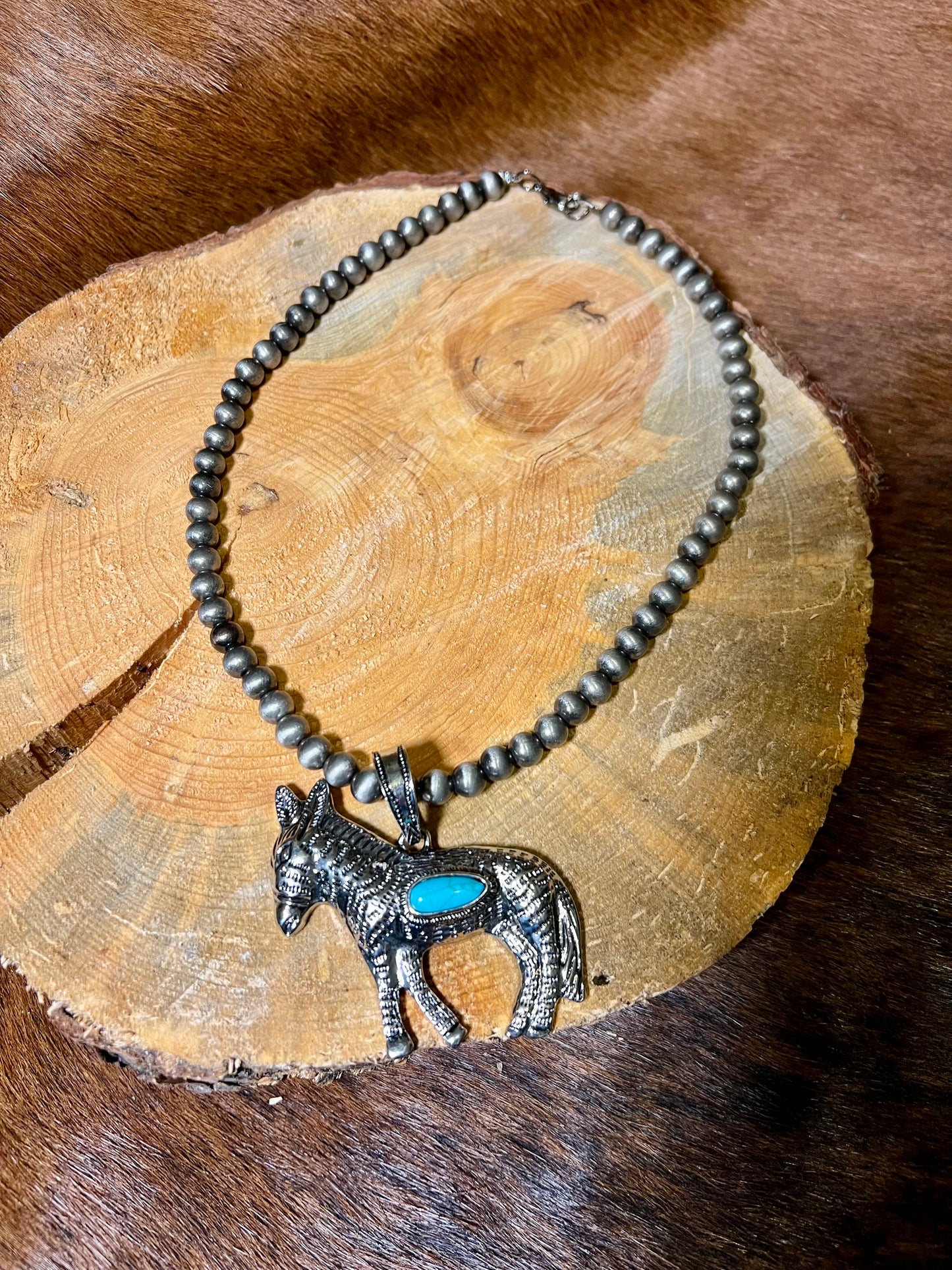 Faux Navajo Pearl Necklace with Donkey Pendant