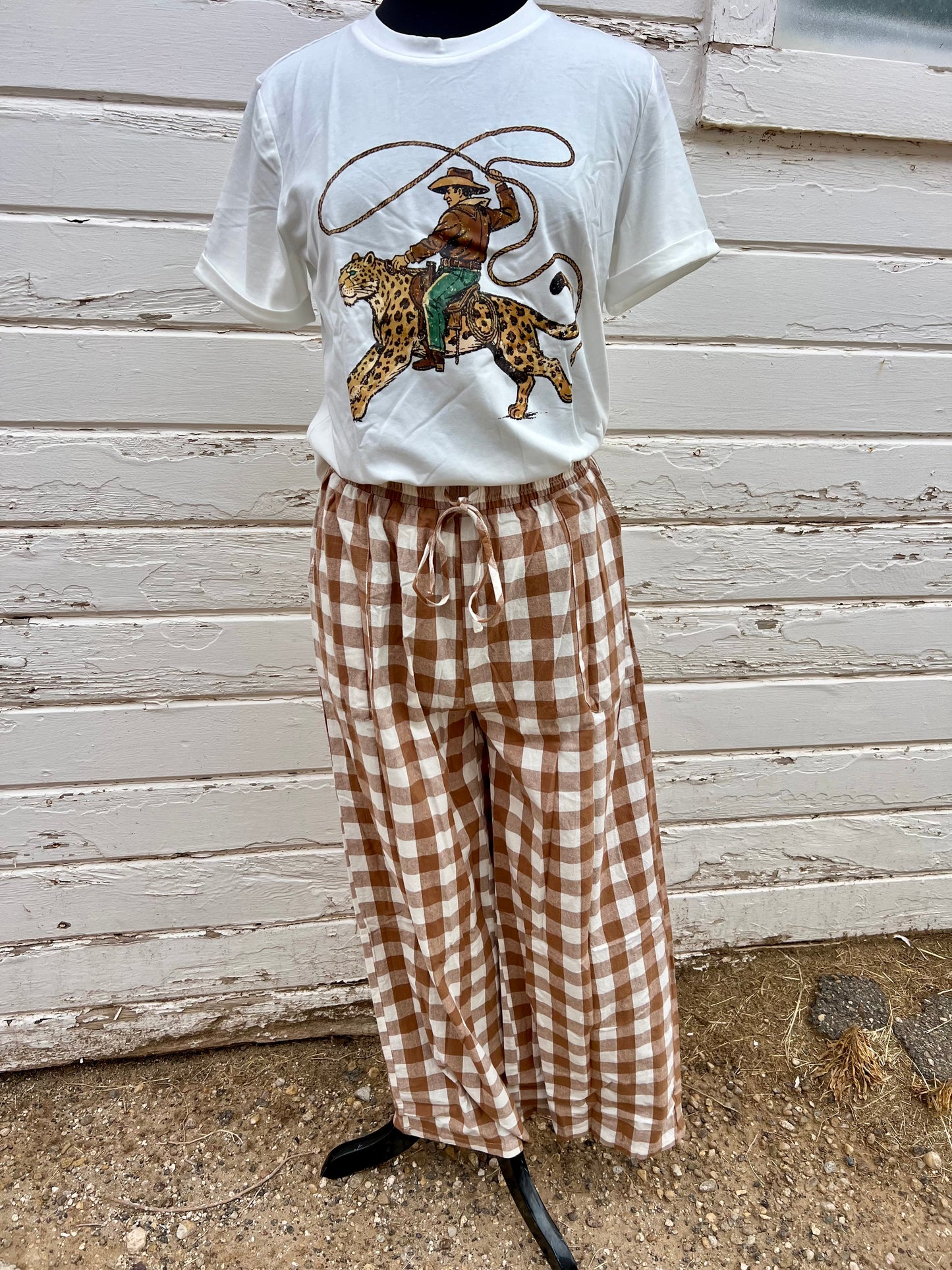 Gingham Brown Plaid Elastic Waist Pants
