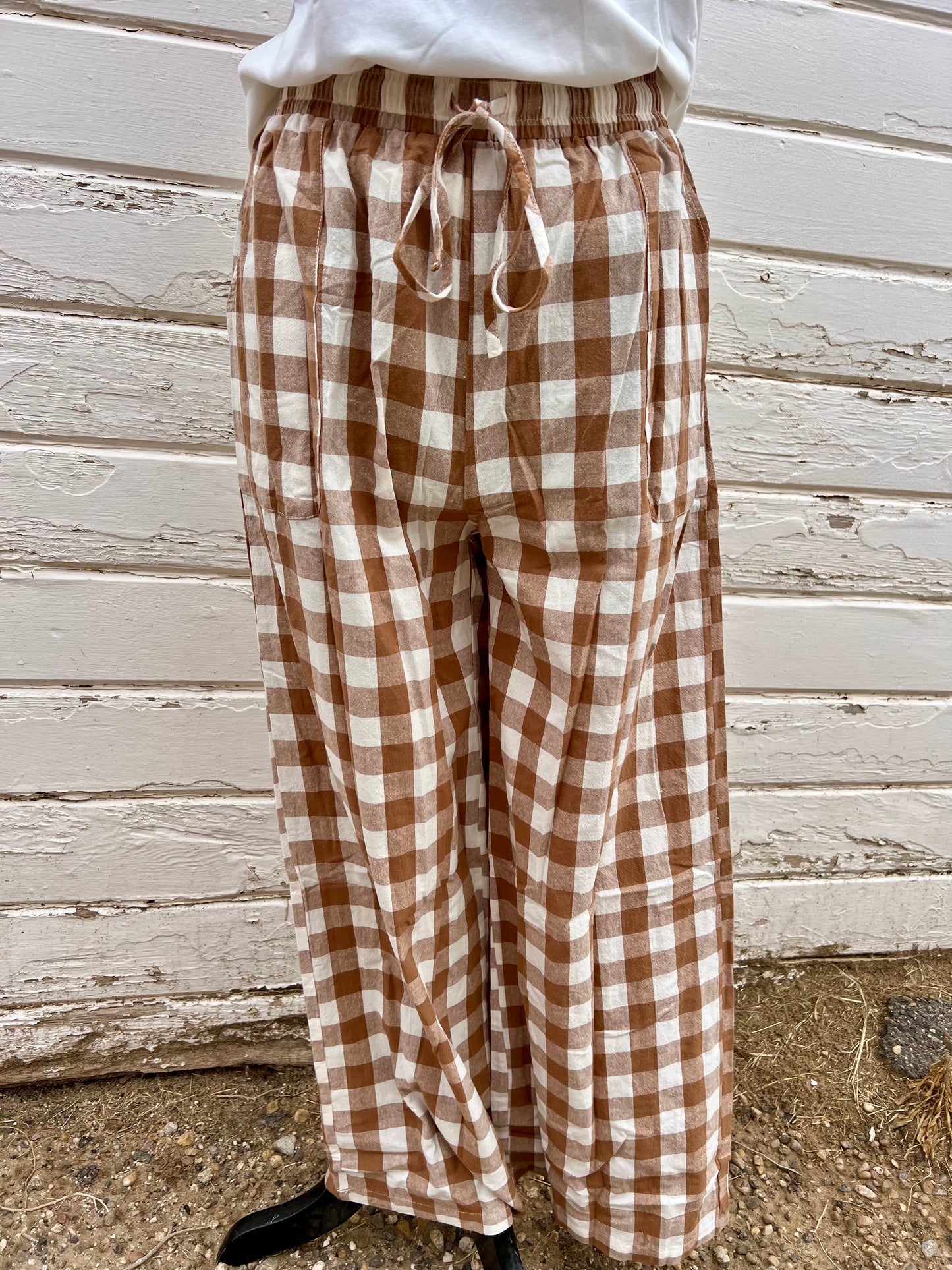 Gingham Brown Plaid Elastic Waist Pants