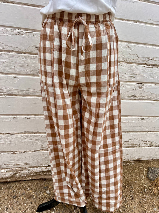 Gingham Brown Plaid Elastic Waist Pants