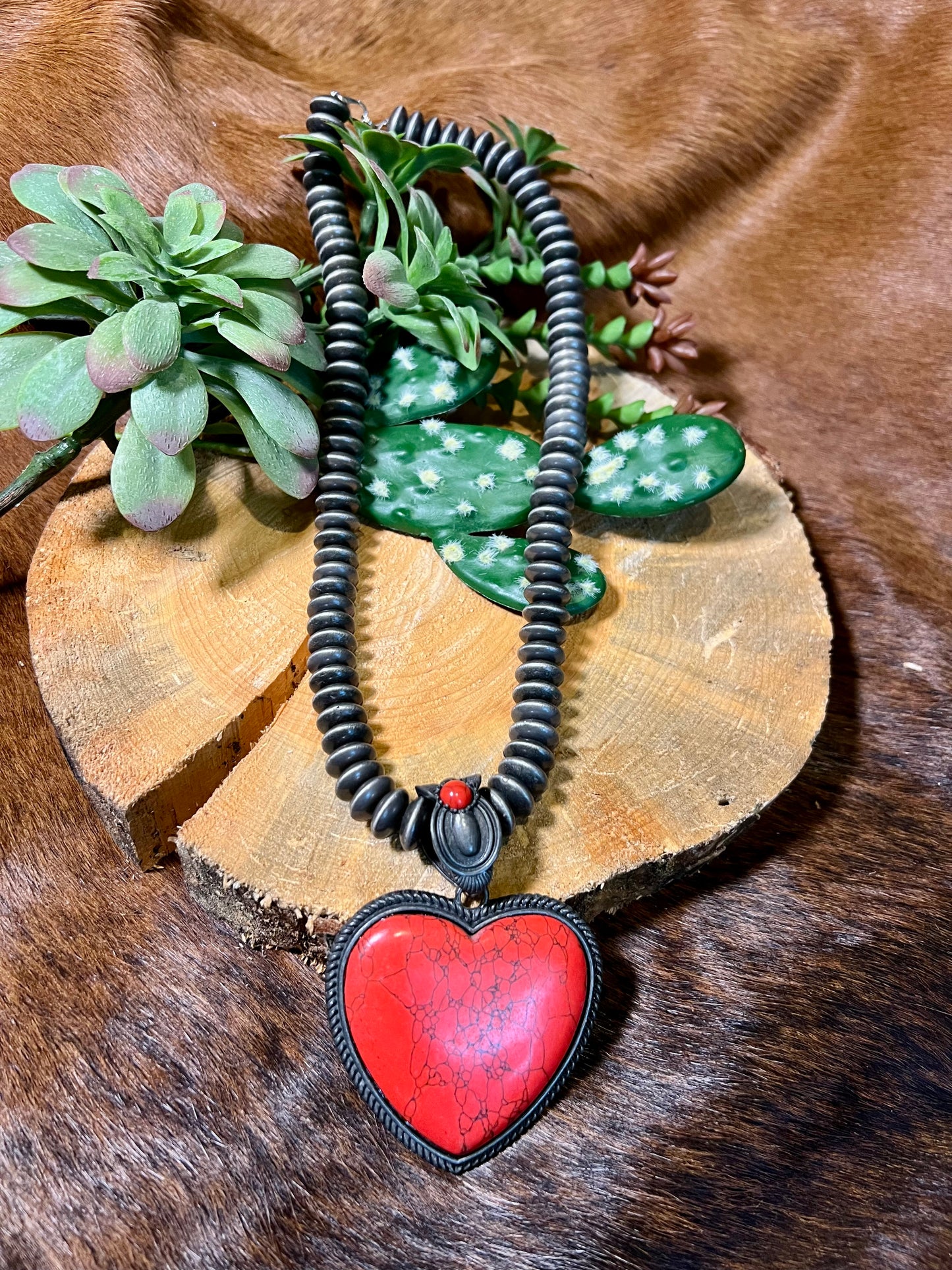 Faux Navajo Pearl Bead Necklace with Heart Pendant