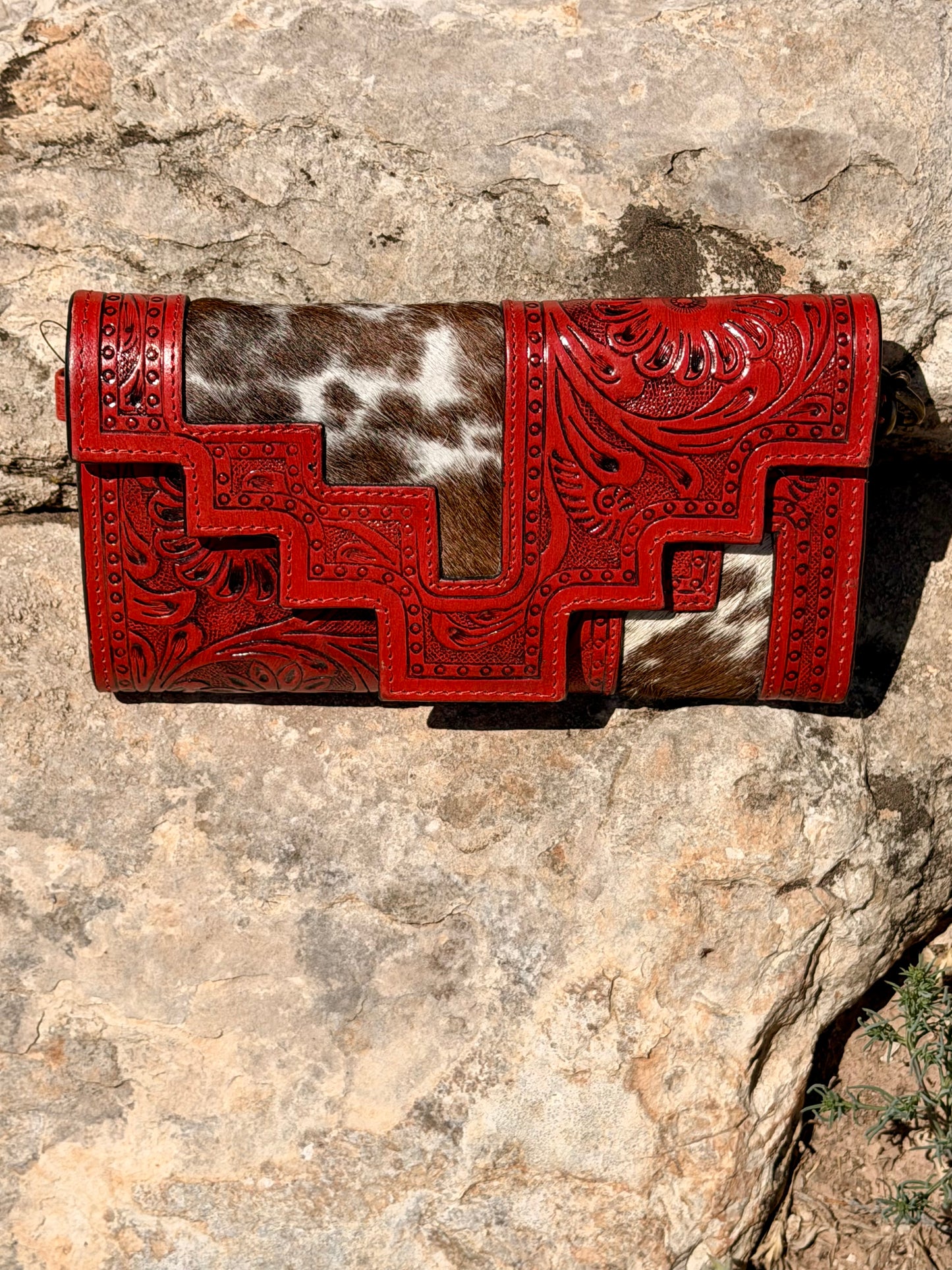 Red Leather & Cowhide Clutch with Shoulder & Wrist Strap