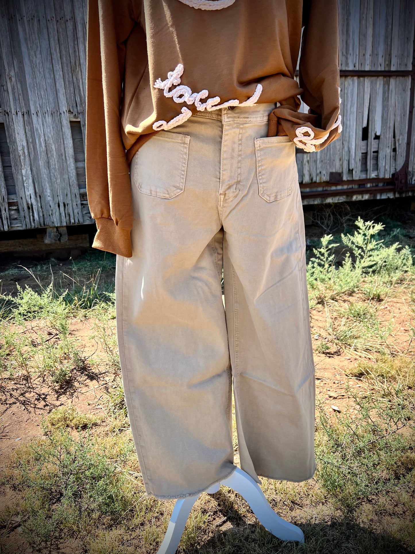 Tan Mica Denim High Rise with Cropped Wide Leg