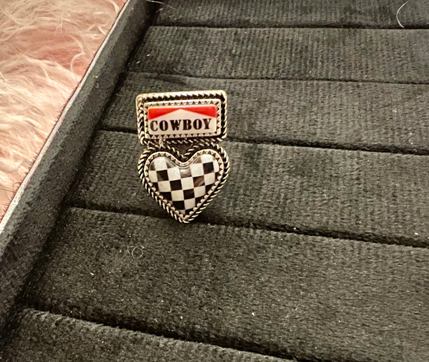 Cowboy Checkered Heart Adjustable Ring
