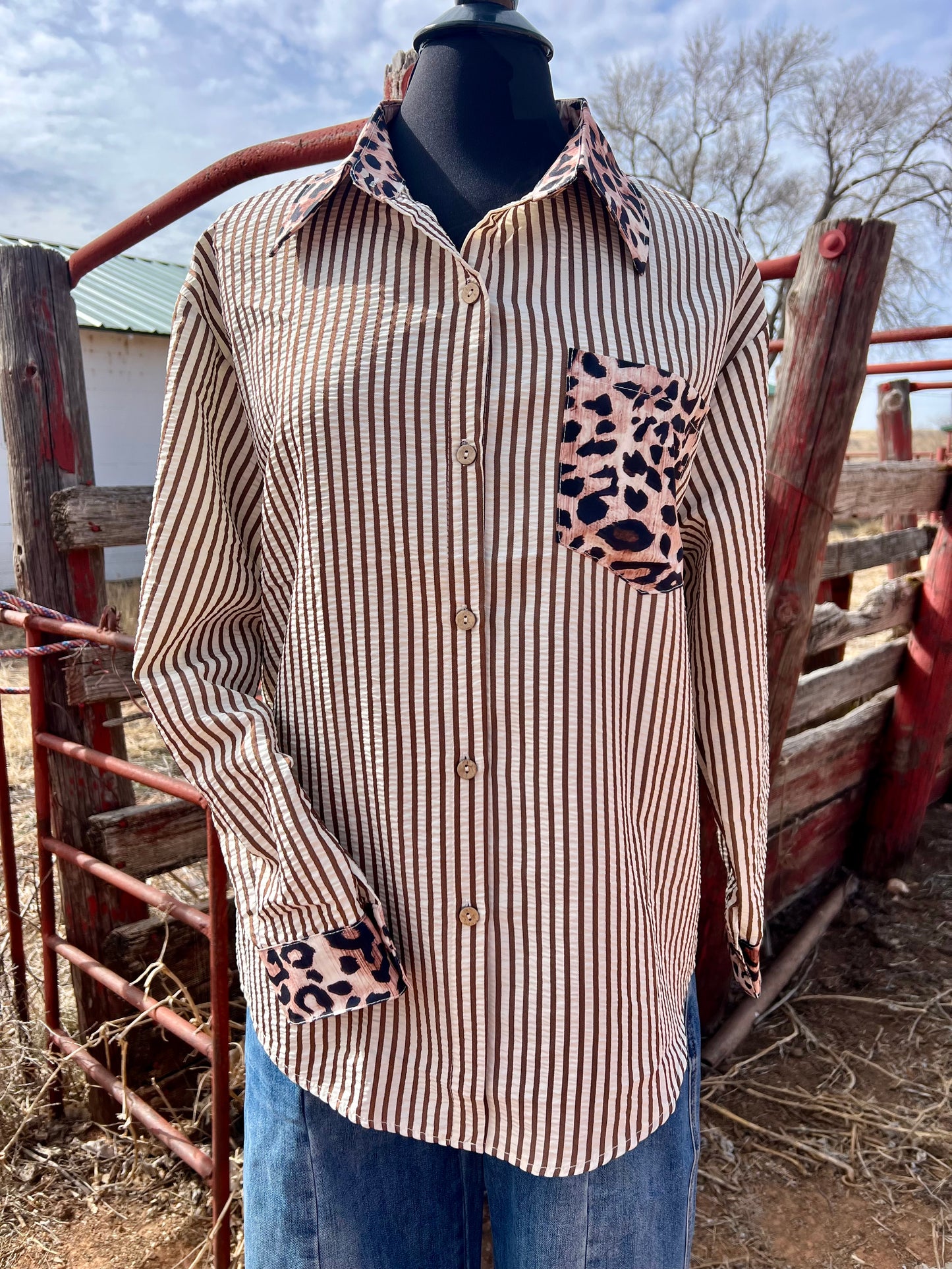 Leopard and Striped Button Top