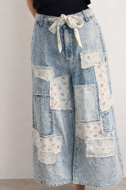 Patchwork Wide Leg Denim Jean