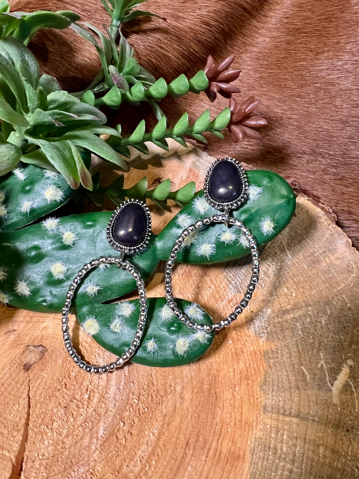 Black Stone Hoop Earrings