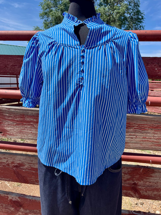 Western Blue Striped Short Sleeve Top
