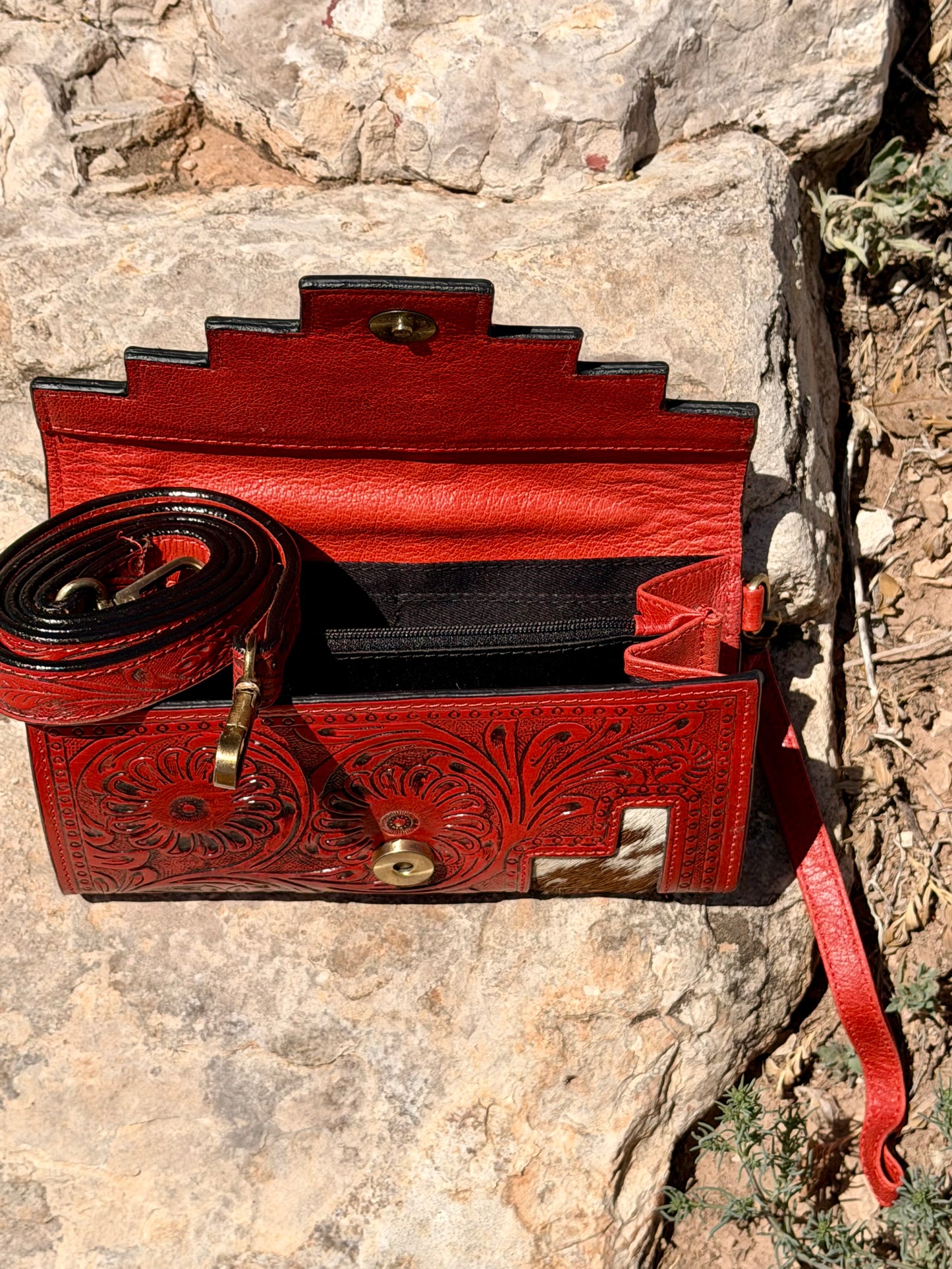 Red Leather & Cowhide Clutch with Shoulder & Wrist Strap