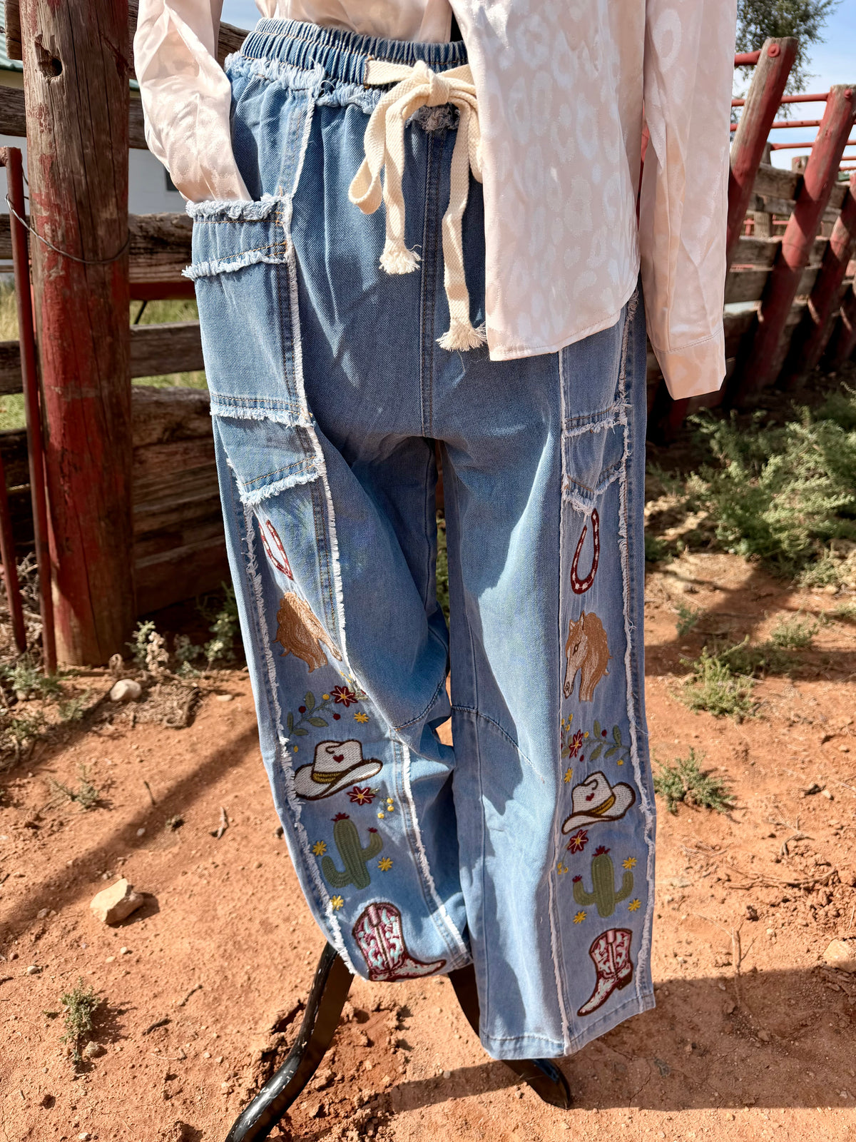 Western Embroidered Tie Waist Pants