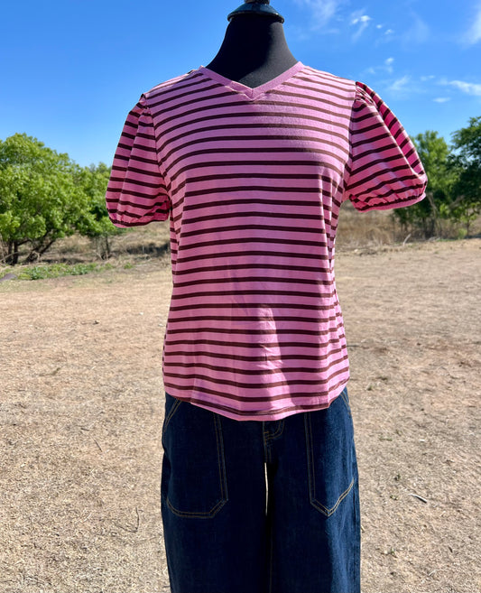 Striped Rose Top with V Neck and Elastic Sleeves