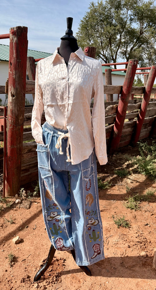 Western Embroidered Tie Waist Pants
