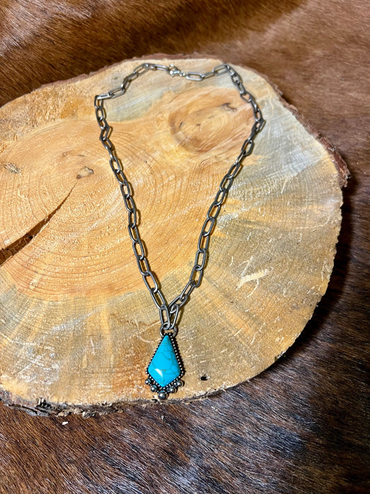 Metal Chain Necklace with faux Turquoise Pendant