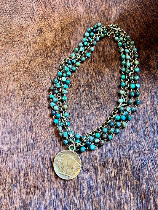 African Turquoise Collar-Length Necklace with Indian Buffalo Coin