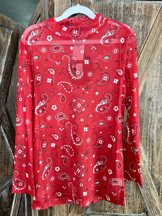 Red Bandana Print Mesh Top