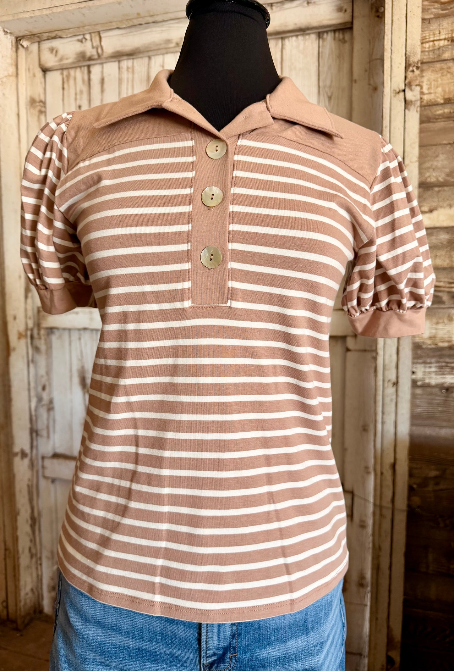 Striped Taupe Button Top