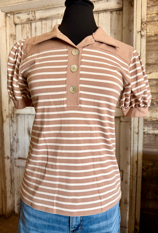Striped Taupe Button Top