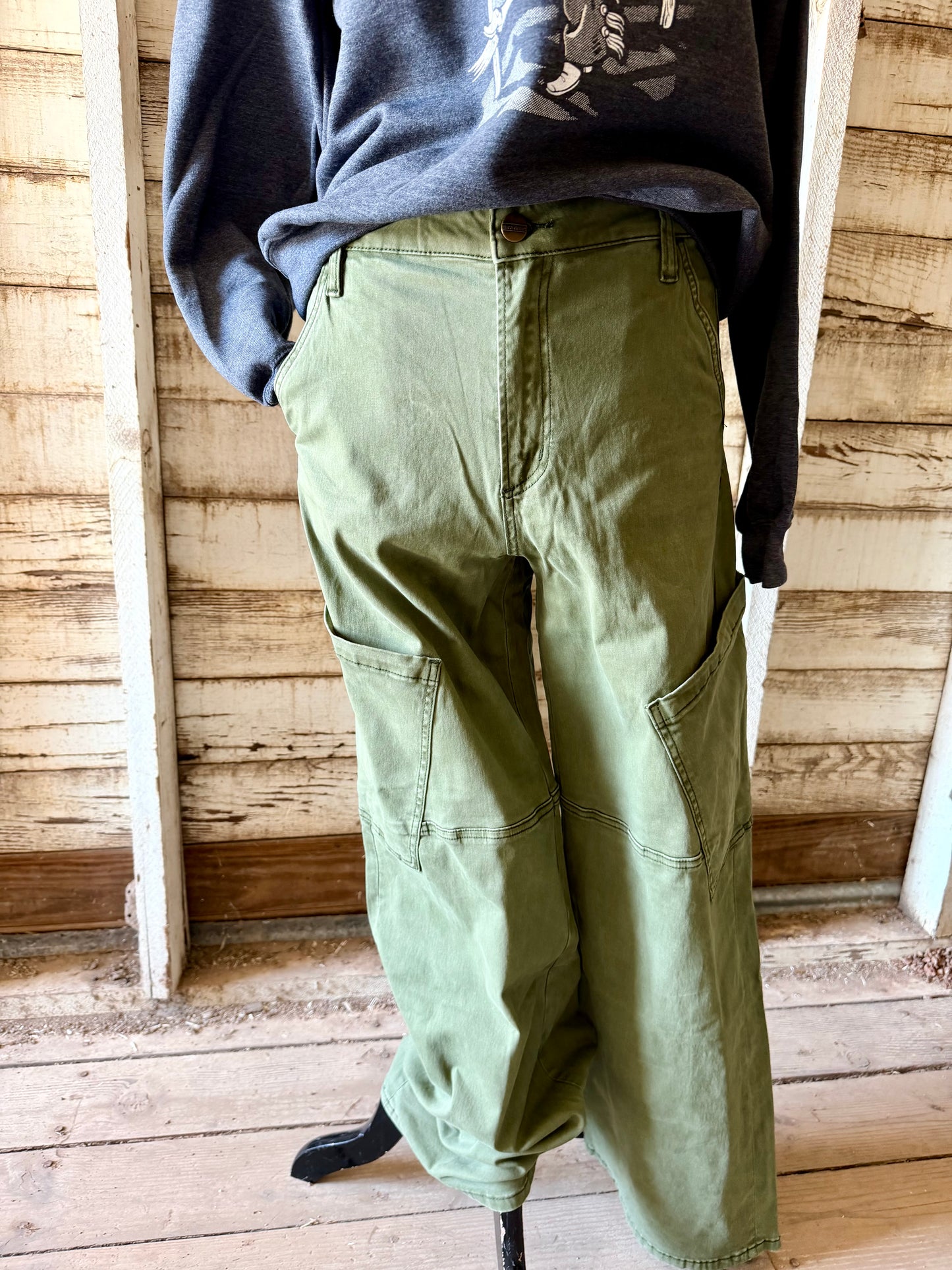 Mica Denim High Rise Olive Green Wide Cargo Jeans