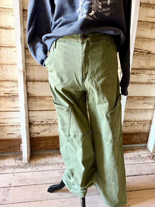 Mica Denim High Rise Olive Green Wide Cargo Jeans
