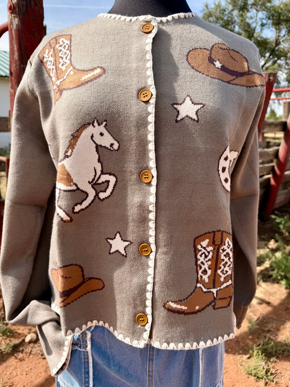 Western Horse & Cowboy Sage Cardigan