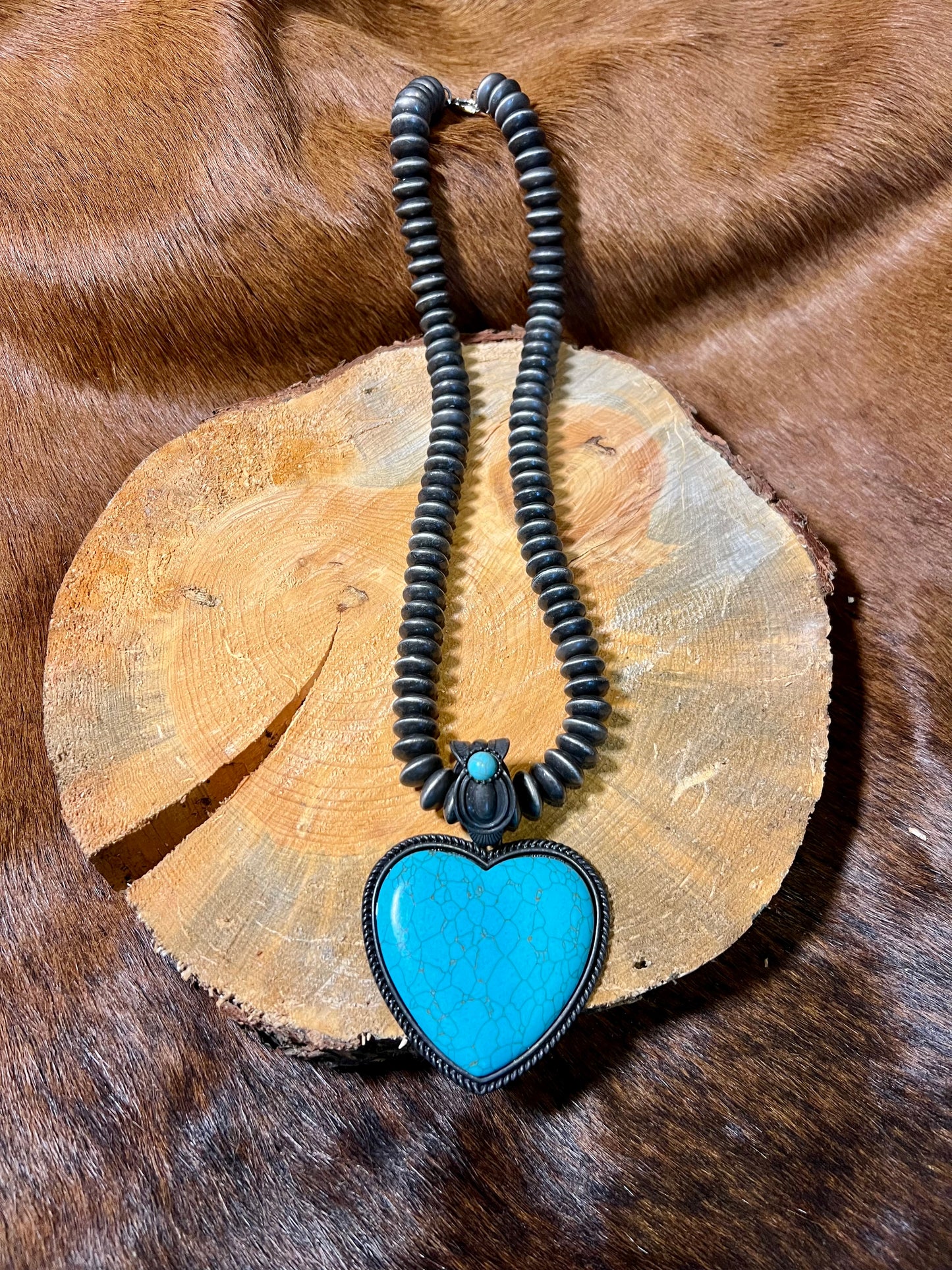 Faux Navajo Pearl Bead Necklace with Heart Pendant