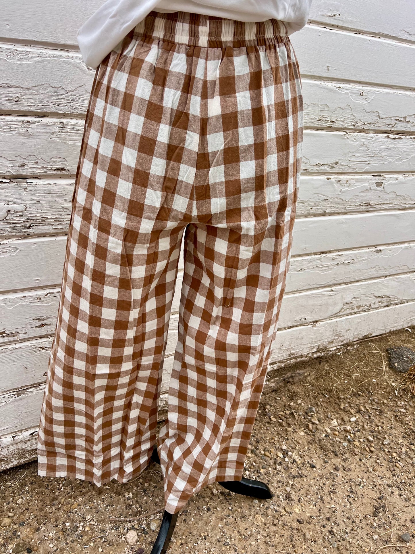 Gingham Brown Plaid Elastic Waist Pants