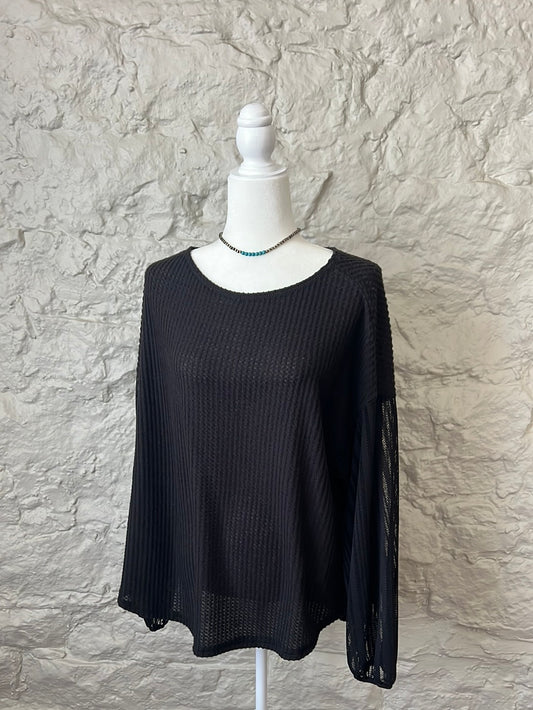 Black Waffle Top with Shear Sleeves