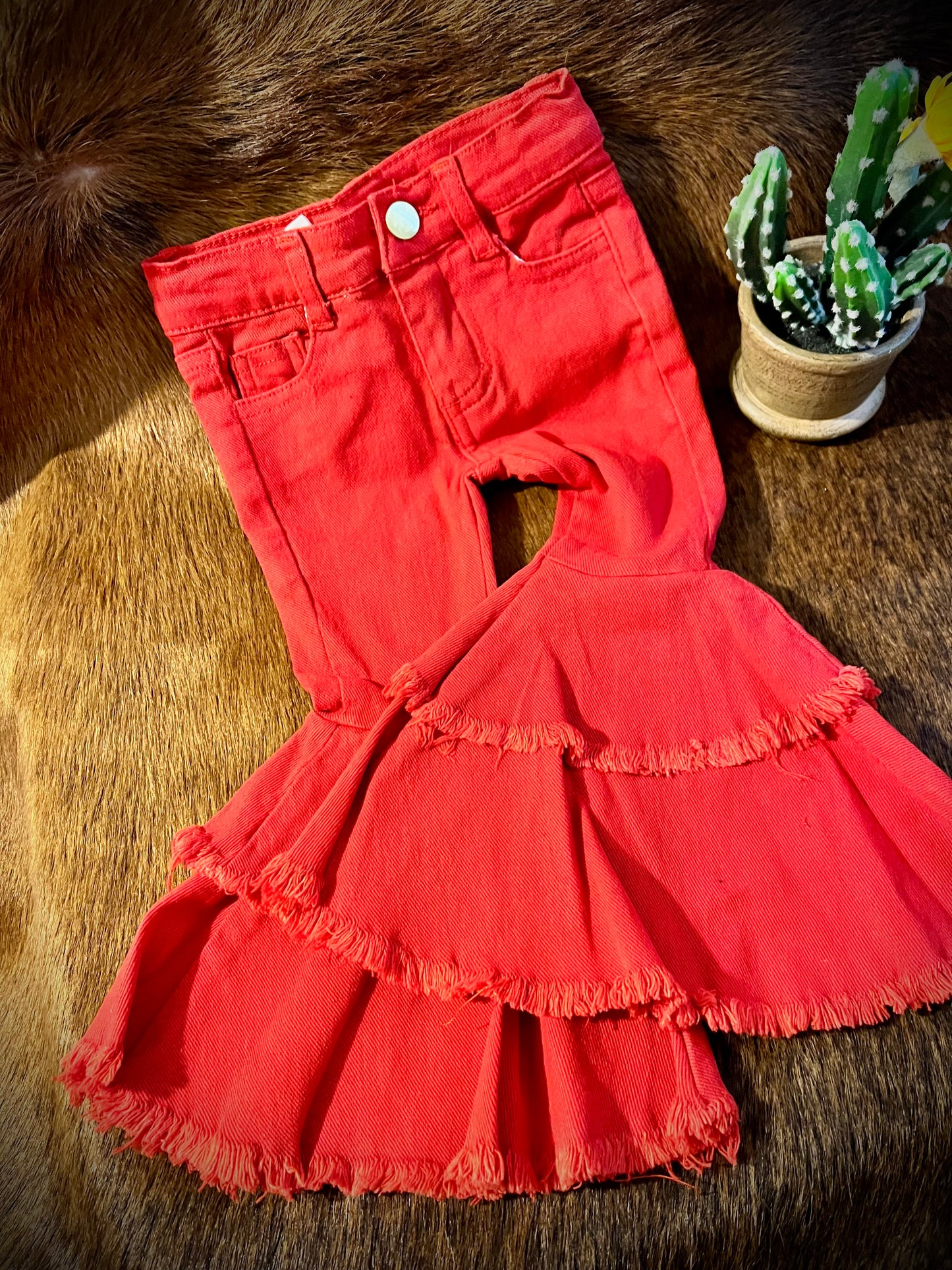 Red Frayed Bell Bottom Jeans